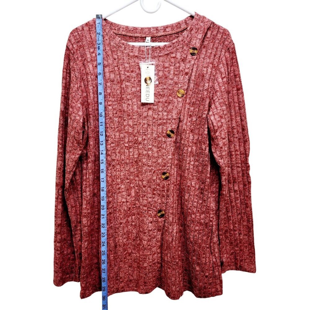 Womens Ribbed Knit Asymmetrical Button Front Sweater Top Long Sleeve Red Size XL - Picture 9 of 14